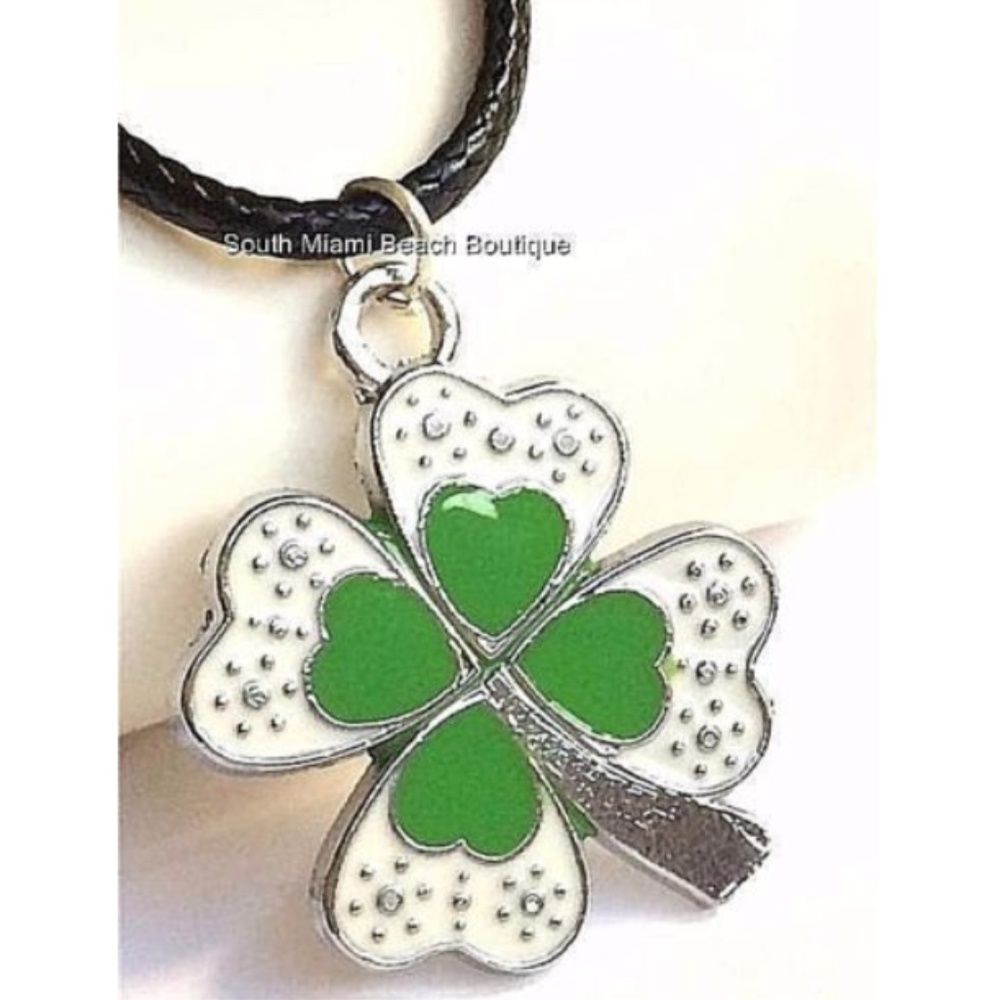 Silver Green Shamrock Necklace Irish Clover Celtic